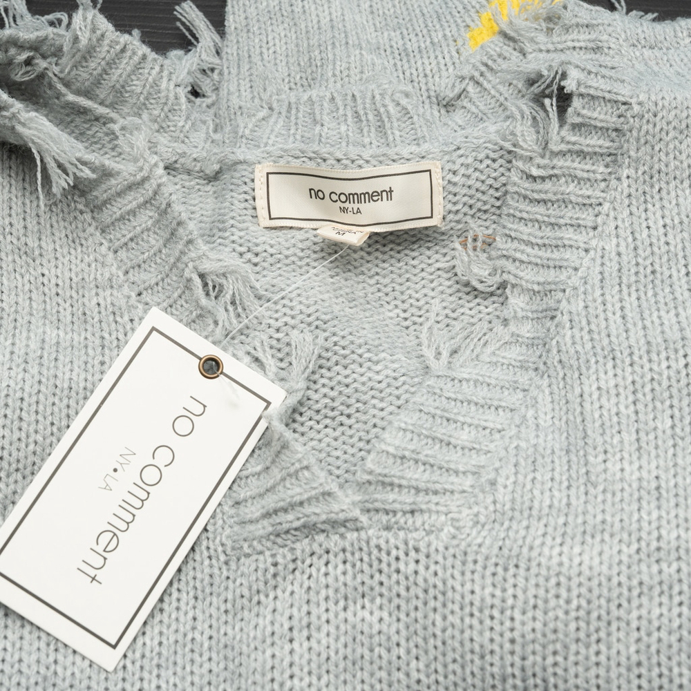 No Comment NY-LA Smiley Face Distressed Gray Knit Sweater - Picture 7 of 9